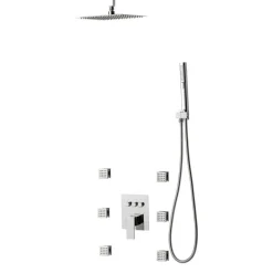 VEVOR Shower Faucet Set, 10 Inch Ceiling Mount Rainfall Shower System with 6 Body Jets and 2 in 1 Handheld Spray, Rotatable 3-Function Rain Head System Set, Complete Brass Valve and Trim Kit, Chrome