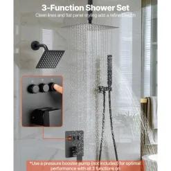 VEVOR Shower Faucet Set, 10 Inch Ceiling Mount Rainfall Shower System with 6 Inch Wall Mount Head and 2 in 1 Handheld Spray, Rotatable 3-Function Dual Rain Head Brass Valve and Trim Kit, Matte Black