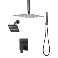 VEVOR Shower Faucet Set, 10 Inch Ceiling Mount Rainfall Shower System with 6 Inch Wall Mount Head and 2 in 1 Handheld Spray, Rotatable 3-Function Dual Rain Head Brass Valve and Trim Kit, Matte Black
