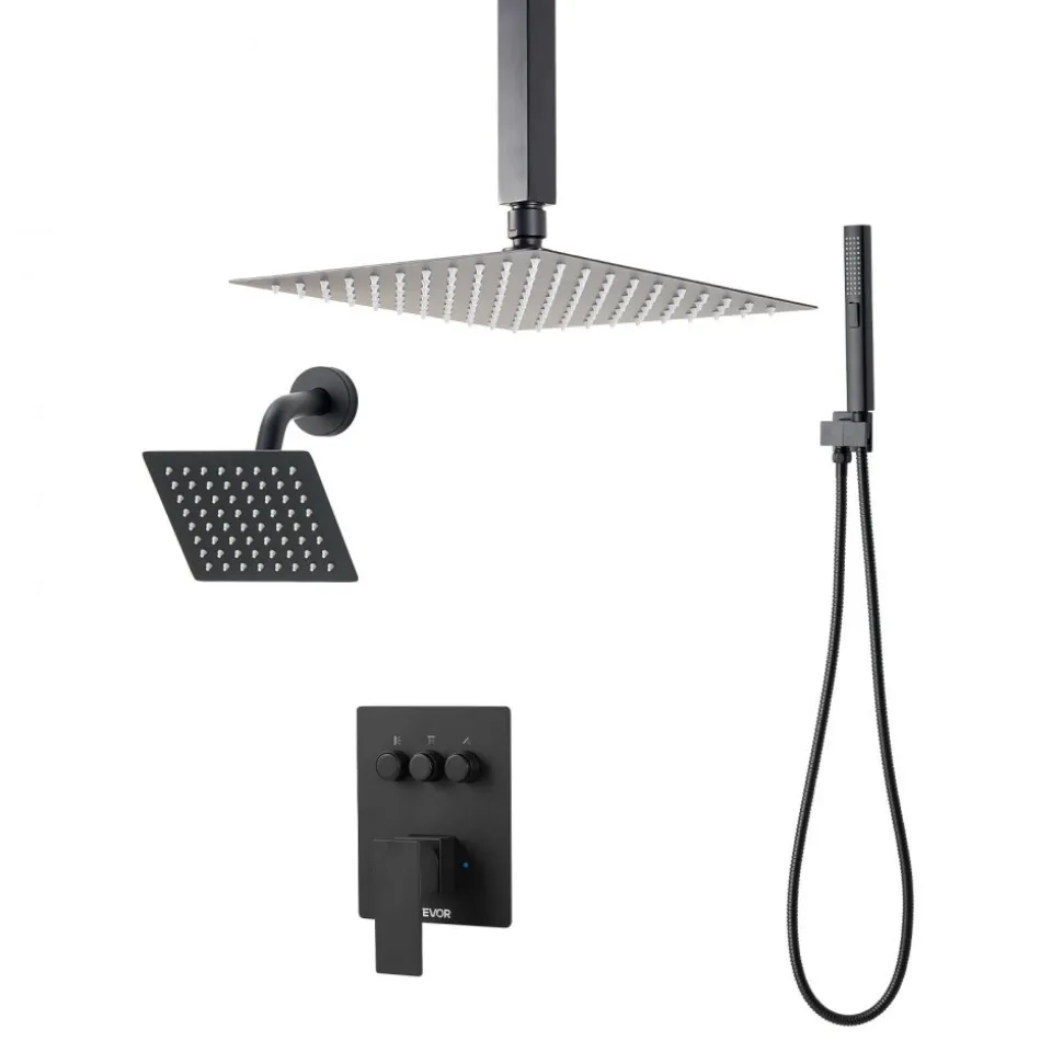 VEVOR Shower Faucet Set, 10 Inch Ceiling Mount Rainfall Shower System with 6 Inch Wall Mount Head and 2 in 1 Handheld Spray, Rotatable 3-Function Dual Rain Head Brass Valve and Trim Kit, Matte Black