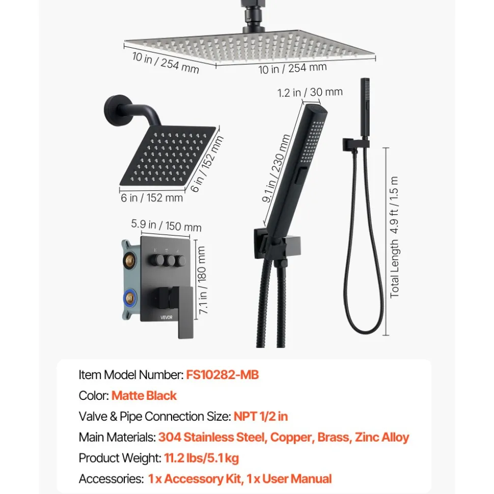 VEVOR Shower Faucet Set, 10 Inch Ceiling Mount Rainfall Shower System with 6 Inch Wall Mount Head and 2 in 1 Handheld Spray, Rotatable 3-Function Dual Rain Head Brass Valve and Trim Kit, Matte Black