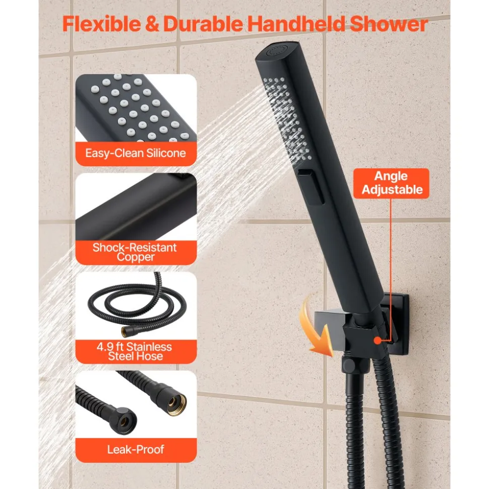 VEVOR Shower Faucet Set, 10 Inch Ceiling Mount Rainfall Shower System with 6 Inch Wall Mount Head and 2 in 1 Handheld Spray, Rotatable 3-Function Dual Rain Head Brass Valve and Trim Kit, Matte Black