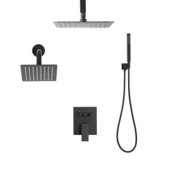 VEVOR Shower Faucet Set, 10 Inch Ceiling Mount Rainfall Shower System with 6 Inch Wall Mount Head and 2 in 1 Handheld Spray, Rotatable 3-Function Dual Rain Head Brass Valve and Trim Kit, Matte Black