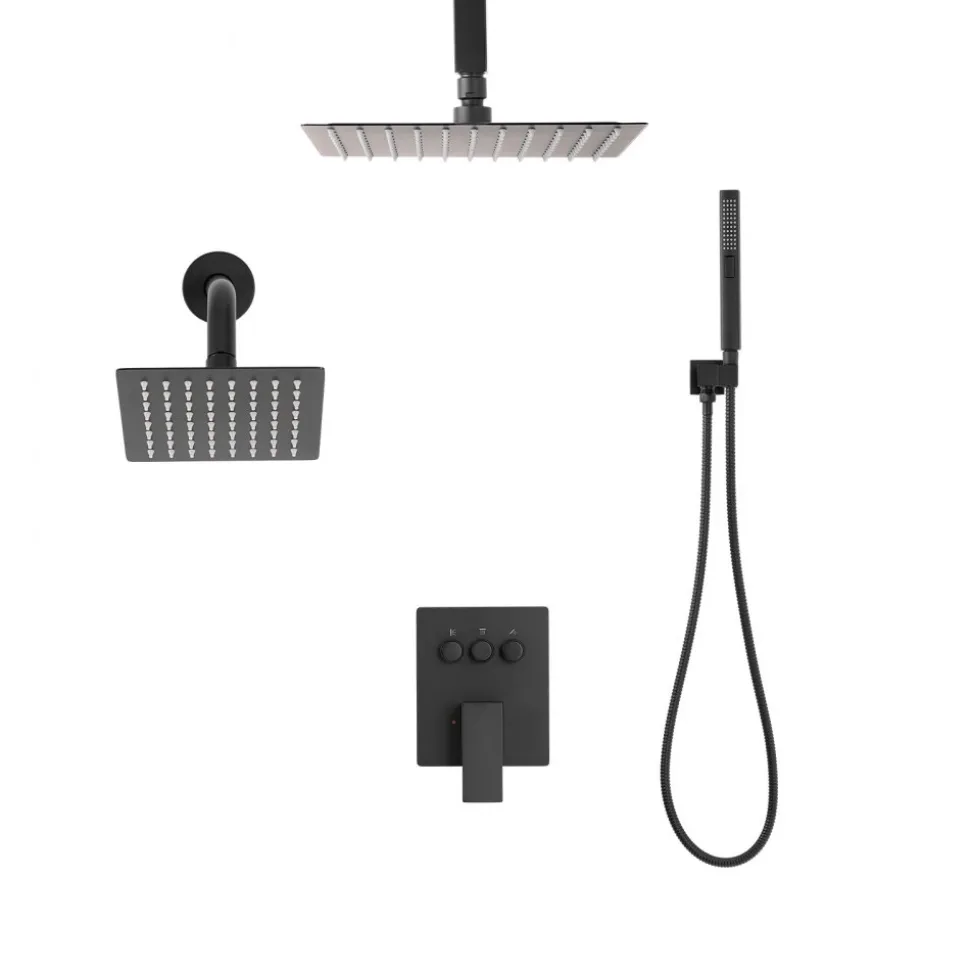 VEVOR Shower Faucet Set, 10 Inch Ceiling Mount Rainfall Shower System with 6 Inch Wall Mount Head and 2 in 1 Handheld Spray, Rotatable 3-Function Dual Rain Head Brass Valve and Trim Kit, Matte Black