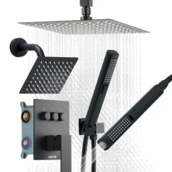 VEVOR Shower Faucet Set, 10 Inch Ceiling Mount Rainfall Shower System with 6 Inch Wall Mount Head and 2 in 1 Handheld Spray, Rotatable 3-Function Dual Rain Head Brass Valve and Trim Kit, Matte Black