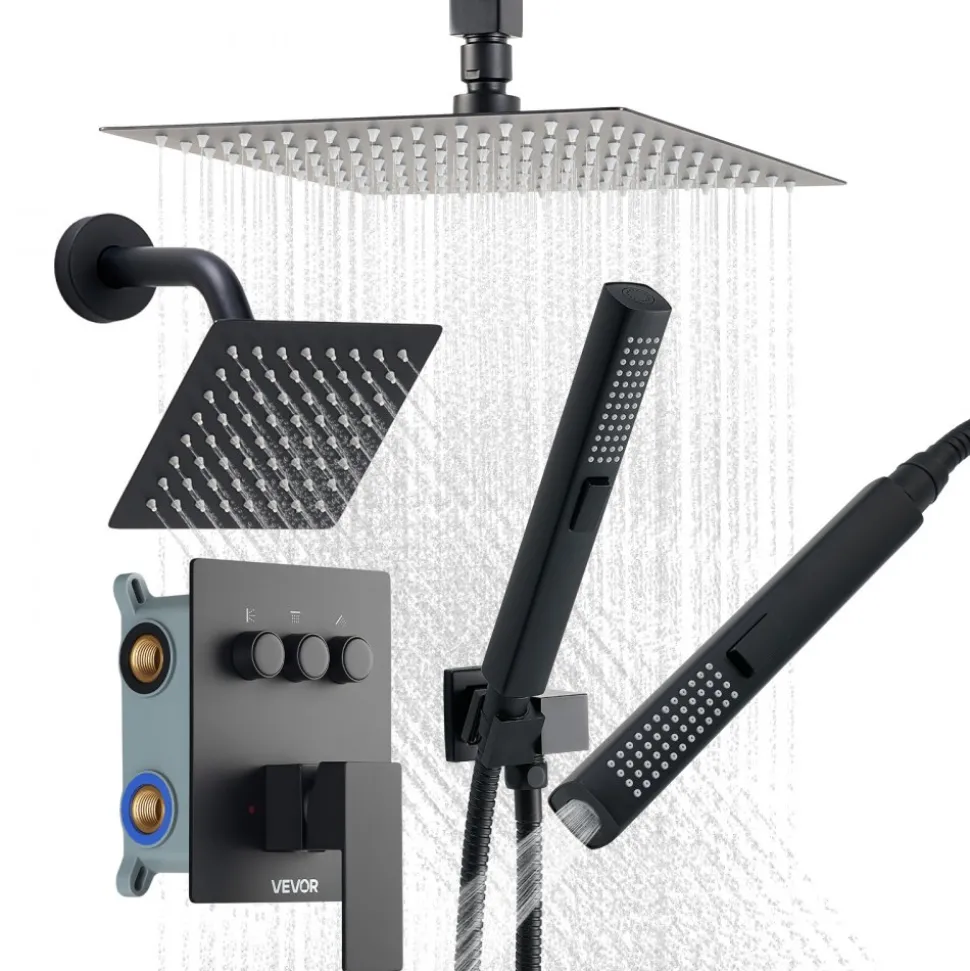 VEVOR Shower Faucet Set, 10 Inch Ceiling Mount Rainfall Shower System with 6 Inch Wall Mount Head and 2 in 1 Handheld Spray, Rotatable 3-Function Dual Rain Head Brass Valve and Trim Kit, Matte Black