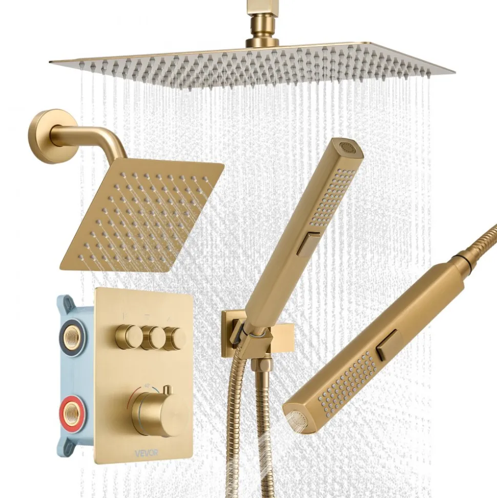VEVOR Shower Faucet Set, 12 Inch Thermostatic Ceiling Mount Rainfall Shower System with 6 Inch Wall Mount Head and 2 in 1 Handheld Spray, 3-Function Dual Rain Head Brass Valve Trim Kit, Brushed Gold