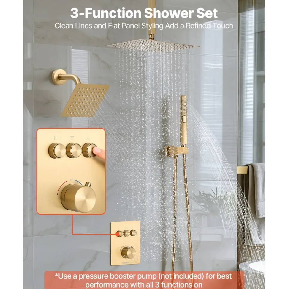 VEVOR Shower Faucet Set, 12 Inch Thermostatic Ceiling Mount Rainfall Shower System with 6 Inch Wall Mount Head and 2 in 1 Handheld Spray, 3-Function Dual Rain Head Brass Valve Trim Kit, Brushed Gold