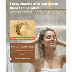 VEVOR Shower Faucet Set, 12 Inch Thermostatic Ceiling Mount Rainfall Shower System with 6 Inch Wall Mount Head and 2 in 1 Handheld Spray, 3-Function Dual Rain Head Brass Valve Trim Kit, Brushed Gold