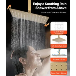 VEVOR Shower Faucet Set, 12 Inch Thermostatic Ceiling Mount Rainfall Shower System with 6 Inch Wall Mount Head and 2 in 1 Handheld Spray, 3-Function Dual Rain Head Brass Valve Trim Kit, Brushed Gold
