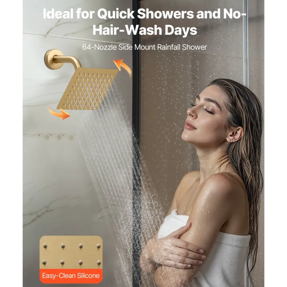 VEVOR Shower Faucet Set, 12 Inch Thermostatic Ceiling Mount Rainfall Shower System with 6 Inch Wall Mount Head and 2 in 1 Handheld Spray, 3-Function Dual Rain Head Brass Valve Trim Kit, Brushed Gold