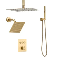 VEVOR Shower Faucet Set, 12 Inch Thermostatic Ceiling Mount Rainfall Shower System with 6 Inch Wall Mount Head and 2 in 1 Handheld Spray, 3-Function Dual Rain Head Brass Valve Trim Kit, Brushed Gold
