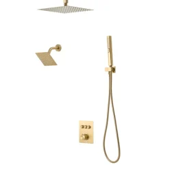 VEVOR Shower Faucet Set, 12 Inch Thermostatic Ceiling Mount Rainfall Shower System with 6 Inch Wall Mount Head and 2 in 1 Handheld Spray, 3-Function Dual Rain Head Brass Valve Trim Kit, Brushed Gold