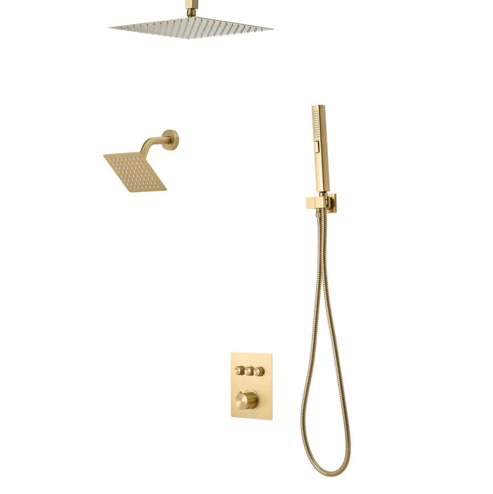 VEVOR Shower Faucet Set, 12 Inch Thermostatic Ceiling Mount Rainfall Shower System with 6 Inch Wall Mount Head and 2 in 1 Handheld Spray, 3-Function Dual Rain Head Brass Valve Trim Kit, Brushed Gold