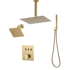 VEVOR Shower Faucet Set, 12 Inch Thermostatic Ceiling Mount Rainfall Shower System with 6 Inch Wall Mount Head and 2 in 1 Handheld Spray, 3-Function Dual Rain Head Brass Valve Trim Kit, Brushed Gold