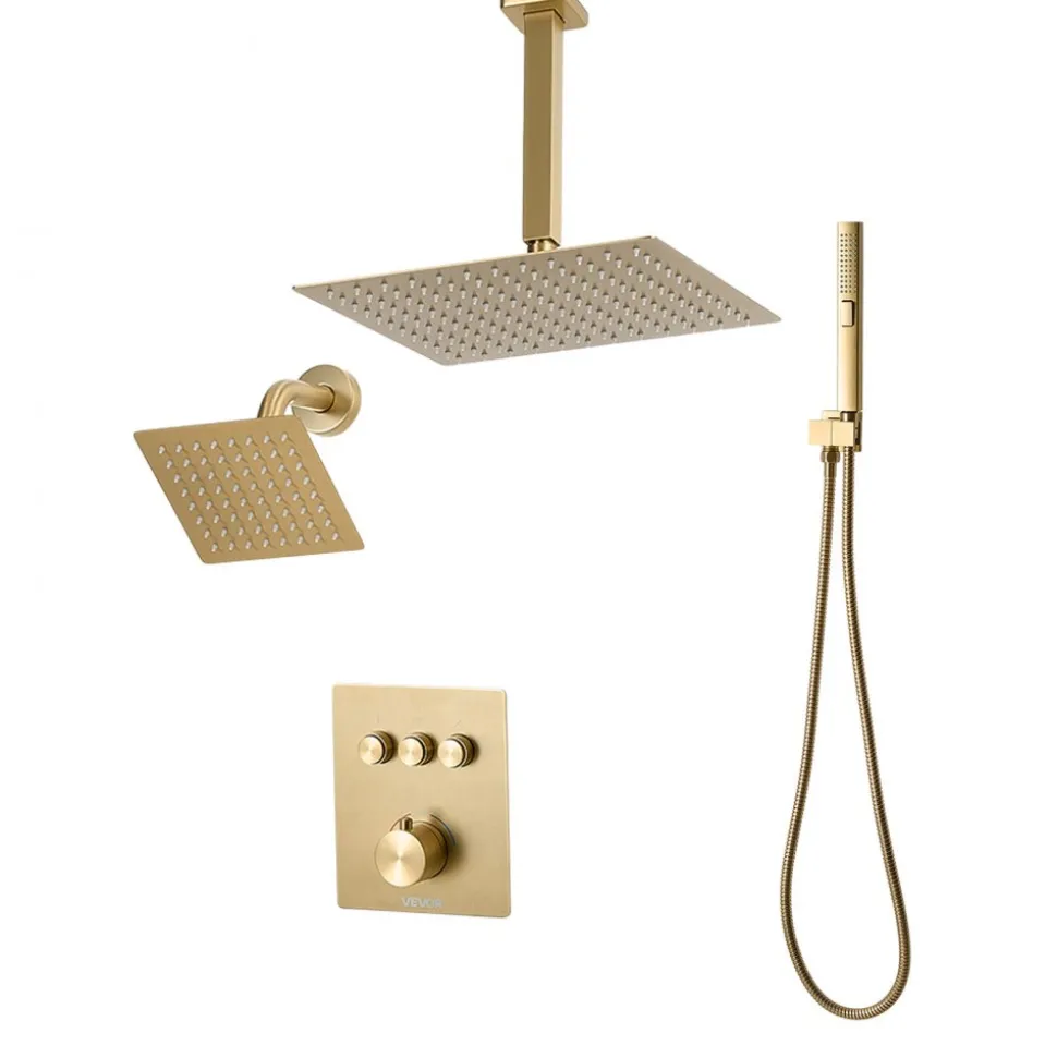 VEVOR Shower Faucet Set, 12 Inch Thermostatic Ceiling Mount Rainfall Shower System with 6 Inch Wall Mount Head and 2 in 1 Handheld Spray, 3-Function Dual Rain Head Brass Valve Trim Kit, Brushed Gold