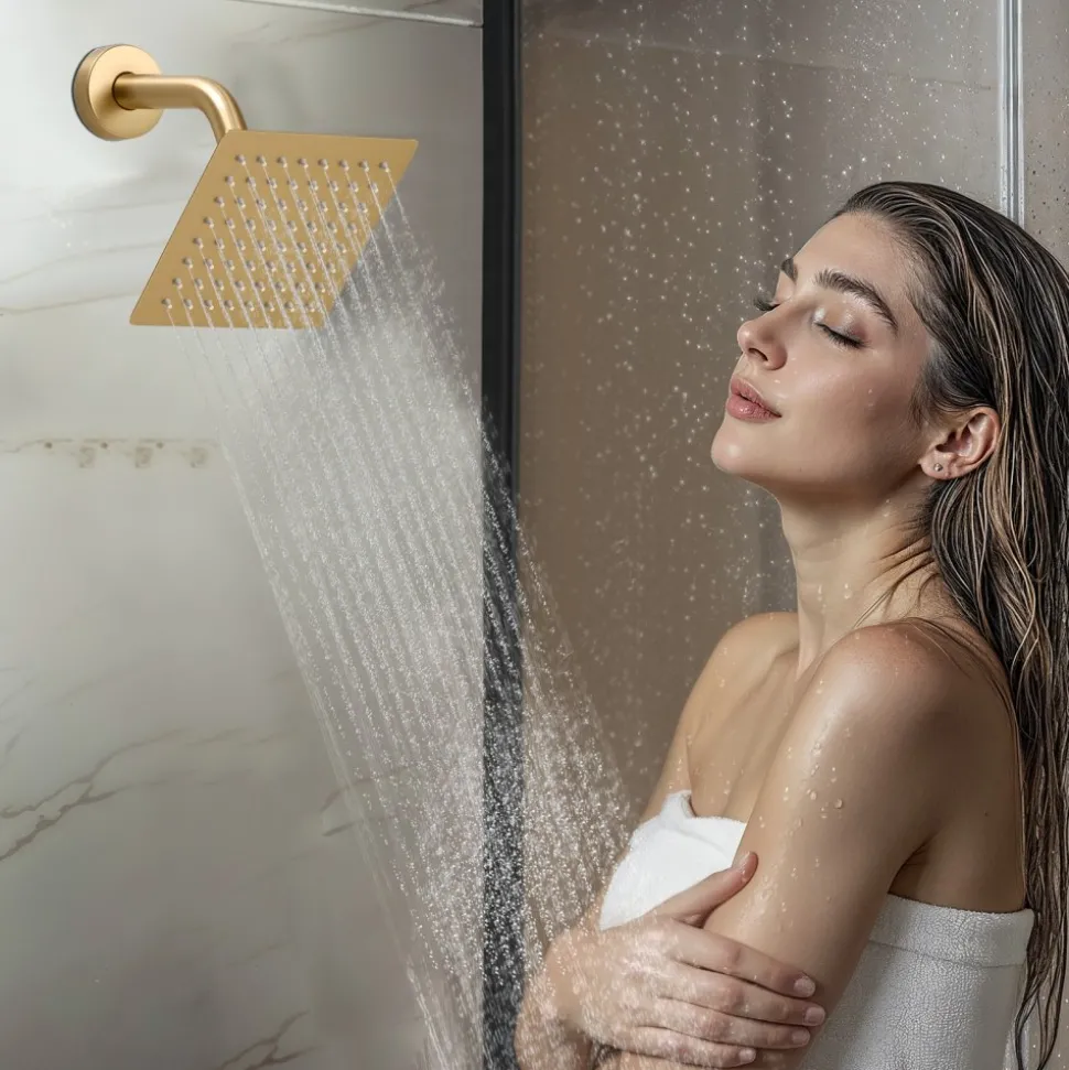 VEVOR Shower Faucet Set, 12 Inch Thermostatic Ceiling Mount Rainfall Shower System with 6 Inch Wall Mount Head and 2 in 1 Handheld Spray, 3-Function Dual Rain Head Brass Valve Trim Kit, Brushed Gold