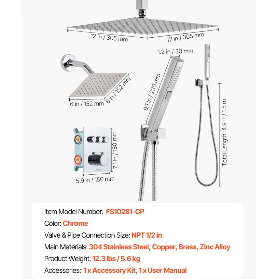VEVOR Shower Faucet Set, 12 Inch Thermostatic Ceiling Mount Rainfall Shower System with 6 Inch Wall Mount Head and 2 in 1 Handheld Spray, 3-Function Dual Rain Head Brass Valve and Trim Kit, Chrome
