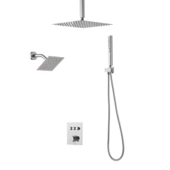 VEVOR Shower Faucet Set, 12 Inch Thermostatic Ceiling Mount Rainfall Shower System with 6 Inch Wall Mount Head and 2 in 1 Handheld Spray, 3-Function Dual Rain Head Brass Valve and Trim Kit, Chrome