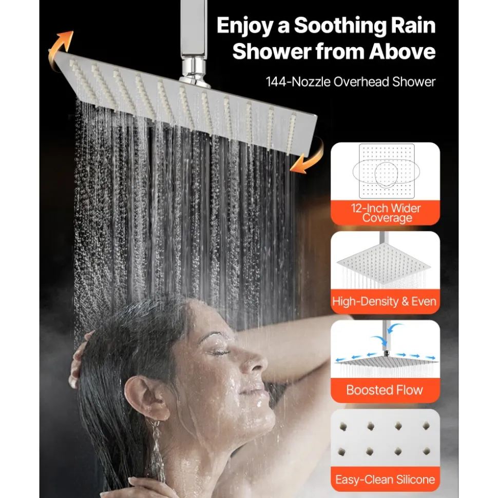 VEVOR Shower Faucet Set, 12 Inch Thermostatic Ceiling Mount Rainfall Shower System with 6 Inch Wall Mount Head and 2 in 1 Handheld Spray, 3-Function Dual Rain Head Brass Valve and Trim Kit, Chrome
