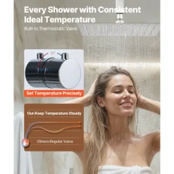 VEVOR Shower Faucet Set, 12 Inch Thermostatic Ceiling Mount Rainfall Shower System with 6 Inch Wall Mount Head and 2 in 1 Handheld Spray, 3-Function Dual Rain Head Brass Valve and Trim Kit, Chrome