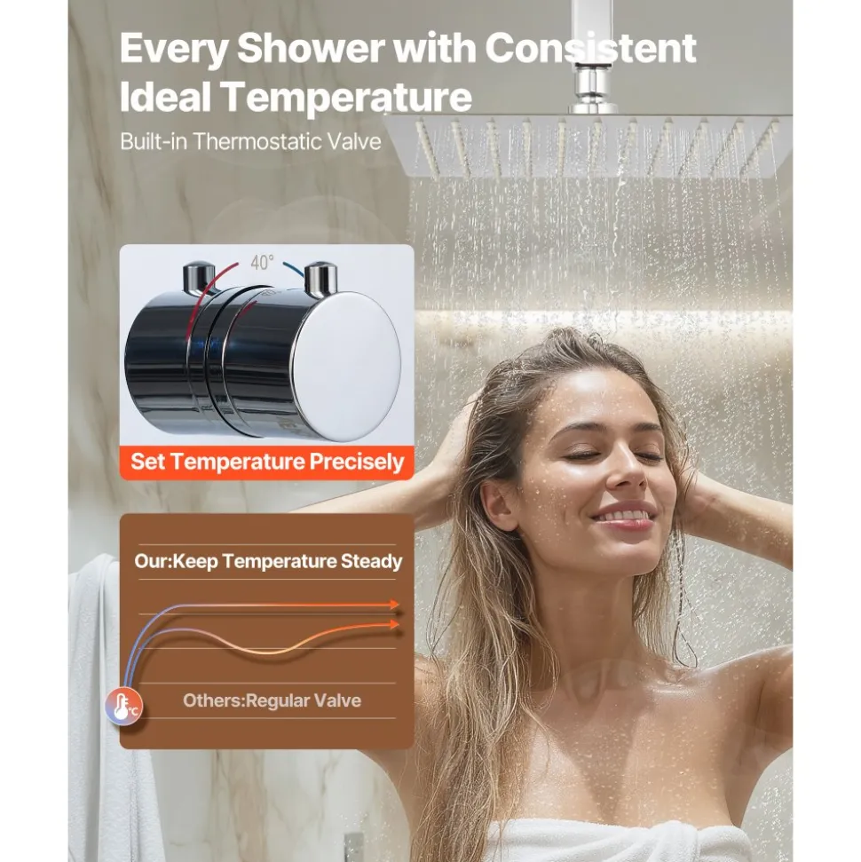 VEVOR Shower Faucet Set, 12 Inch Thermostatic Ceiling Mount Rainfall Shower System with 6 Inch Wall Mount Head and 2 in 1 Handheld Spray, 3-Function Dual Rain Head Brass Valve and Trim Kit, Chrome