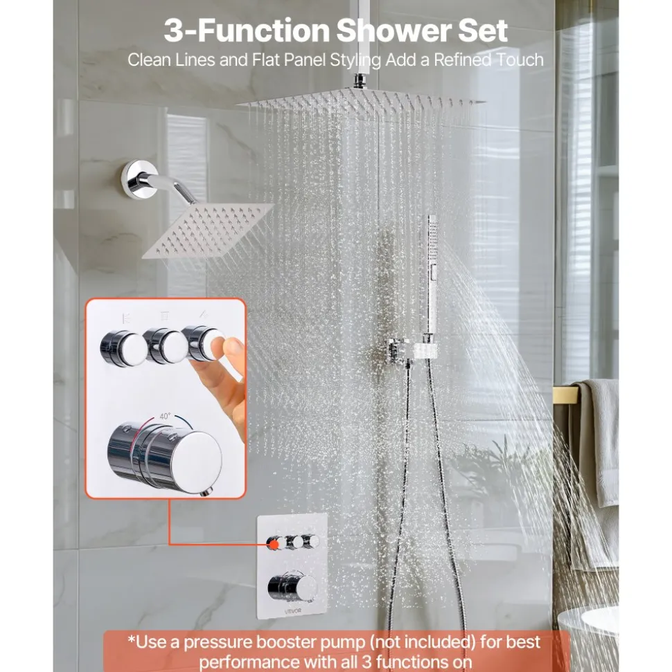VEVOR Shower Faucet Set, 12 Inch Thermostatic Ceiling Mount Rainfall Shower System with 6 Inch Wall Mount Head and 2 in 1 Handheld Spray, 3-Function Dual Rain Head Brass Valve and Trim Kit, Chrome