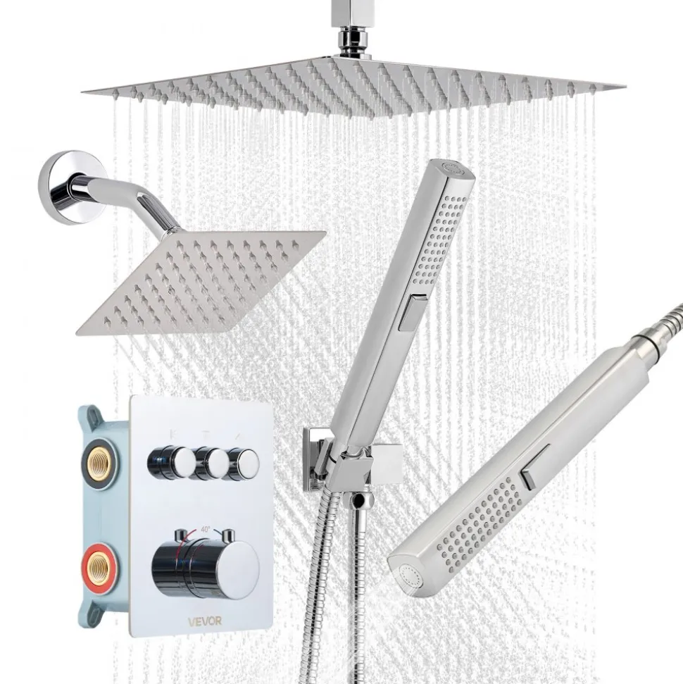 VEVOR Shower Faucet Set, 12 Inch Thermostatic Ceiling Mount Rainfall Shower System with 6 Inch Wall Mount Head and 2 in 1 Handheld Spray, 3-Function Dual Rain Head Brass Valve and Trim Kit, Chrome