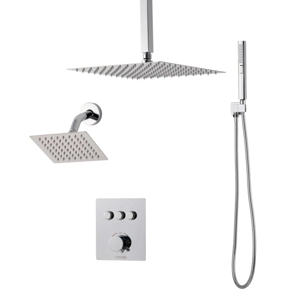 VEVOR Shower Faucet Set, 12 Inch Thermostatic Ceiling Mount Rainfall Shower System with 6 Inch Wall Mount Head and 2 in 1 Handheld Spray, 3-Function Dual Rain Head Brass Valve and Trim Kit, Chrome