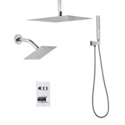 VEVOR Shower Faucet Set, 12 Inch Thermostatic Ceiling Mount Rainfall Shower System with 6 Inch Wall Mount Head and 2 in 1 Handheld Spray, 3-Function Dual Rain Head Brass Valve and Trim Kit, Chrome