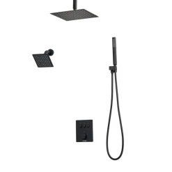 VEVOR Shower Faucet Set, 12 Inch Thermostatic Ceiling Mount Rainfall Shower System with 6 Inch Wall Mount Head and 2 in 1 Handheld Spray, 3-Function Dual Rain Head Brass Valve & Trim Kit, Matte Black