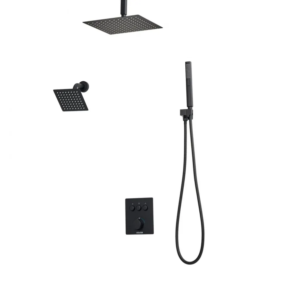 VEVOR Shower Faucet Set, 12 Inch Thermostatic Ceiling Mount Rainfall Shower System with 6 Inch Wall Mount Head and 2 in 1 Handheld Spray, 3-Function Dual Rain Head Brass Valve & Trim Kit, Matte Black