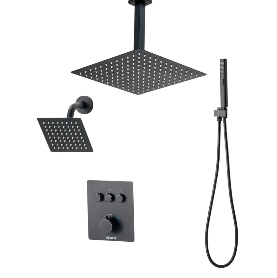 VEVOR Shower Faucet Set, 12 Inch Thermostatic Ceiling Mount Rainfall Shower System with 6 Inch Wall Mount Head and 2 in 1 Handheld Spray, 3-Function Dual Rain Head Brass Valve & Trim Kit, Matte Black