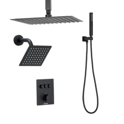 VEVOR Shower Faucet Set, 12 Inch Thermostatic Ceiling Mount Rainfall Shower System with 6 Inch Wall Mount Head and 2 in 1 Handheld Spray, 3-Function Dual Rain Head Brass Valve & Trim Kit, Matte Black