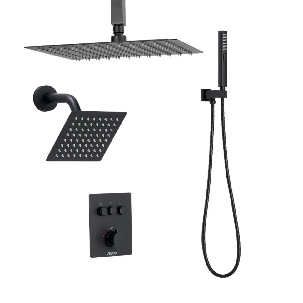 VEVOR Shower Faucet Set, 12 Inch Thermostatic Ceiling Mount Rainfall Shower System with 6 Inch Wall Mount Head and 2 in 1 Handheld Spray, 3-Function Dual Rain Head Brass Valve & Trim Kit, Matte Black