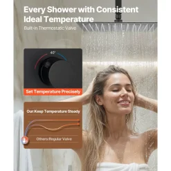 VEVOR Shower Faucet Set, 12 Inch Thermostatic Ceiling Mount Rainfall Shower System with 6 Inch Wall Mount Head and 2 in 1 Handheld Spray, 3-Function Dual Rain Head Brass Valve & Trim Kit, Matte Black