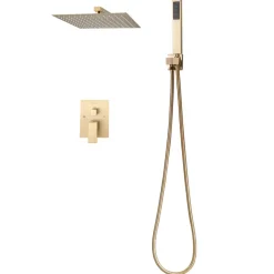 VEVOR Shower Faucet Set, Rainfall Bathroom Shower System with 12-Inch Square Rain Shower Head and Handheld Spray, Wall Mounted Bath Fixtures with Brass Valve and Trim Kit, Brushed Gold