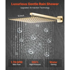 VEVOR Shower Faucet Set, Rainfall Bathroom Shower System with 12-Inch Square Rain Shower Head and Handheld Spray, Wall Mounted Bath Fixtures with Brass Valve and Trim Kit, Brushed Gold