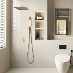 VEVOR Shower Faucet Set, Rainfall Bathroom Shower System with 12-Inch Square Rain Shower Head and Handheld Spray, Wall Mounted Bath Fixtures with Brass Valve and Trim Kit, Brushed Gold