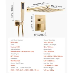 VEVOR Shower Faucet Set, Rainfall Bathroom Shower System with 12-Inch Square Rain Shower Head and Handheld Spray, Wall Mounted Bath Fixtures with Brass Valve and Trim Kit, Brushed Gold