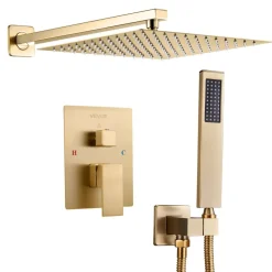 VEVOR Shower Faucet Set, Rainfall Bathroom Shower System with 12-Inch Square Rain Shower Head and Handheld Spray, Wall Mounted Bath Fixtures with Brass Valve and Trim Kit, Brushed Gold