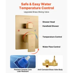 VEVOR Shower Faucet Set, Rainfall Bathroom Shower System with 12-Inch Square Rain Shower Head and Handheld Spray, Wall Mounted Bath Fixtures with Brass Valve and Trim Kit, Brushed Gold