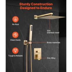 VEVOR Shower Faucet Set, Rainfall Bathroom Shower System with 12-Inch Square Rain Shower Head and Handheld Spray, Wall Mounted Bath Fixtures with Brass Valve and Trim Kit, Brushed Gold