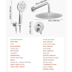 VEVOR Shower Faucet Set, Rainfall Bathroom Shower System with 10-Inch Round Rain Shower Head and Handheld Spray, Wall Mounted Bath Fixtures with Brass Valve and Trim Kit, Brushed Nickel