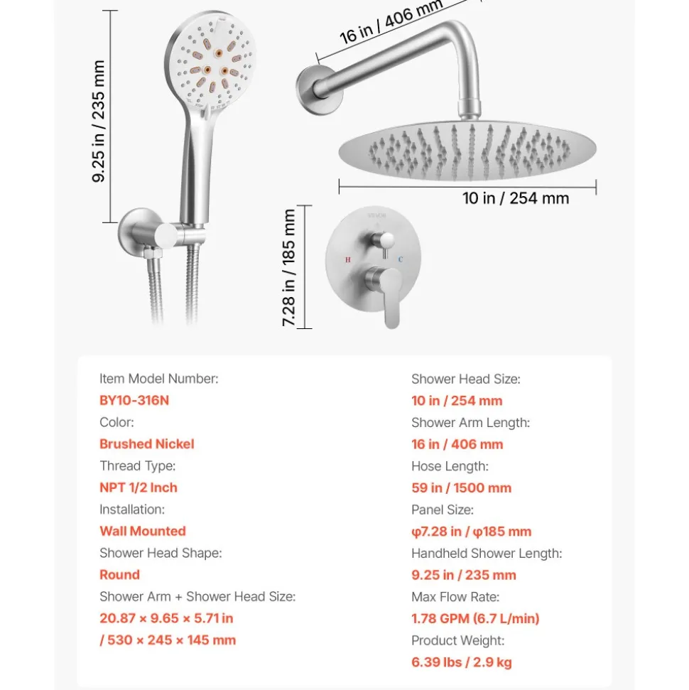 VEVOR Shower Faucet Set, Rainfall Bathroom Shower System with 10-Inch Round Rain Shower Head and Handheld Spray, Wall Mounted Bath Fixtures with Brass Valve and Trim Kit, Brushed Nickel
