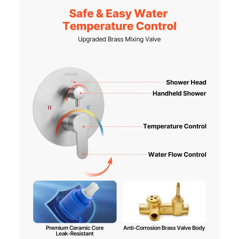 VEVOR Shower Faucet Set, Rainfall Bathroom Shower System with 10-Inch Round Rain Shower Head and Handheld Spray, Wall Mounted Bath Fixtures with Brass Valve and Trim Kit, Brushed Nickel