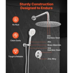 VEVOR Shower Faucet Set, Rainfall Bathroom Shower System with 10-Inch Round Rain Shower Head and Handheld Spray, Wall Mounted Bath Fixtures with Brass Valve and Trim Kit, Brushed Nickel
