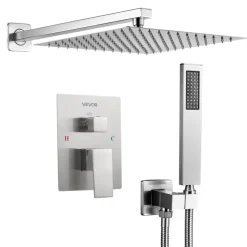 VEVOR Shower Faucet Set, Rainfall Bathroom Shower System with 10-Inch Square Rain Shower Head and Handheld Spray, Ceiling Mount Bath Fixtures with Brass Valve and Trim Kit, Matte Black