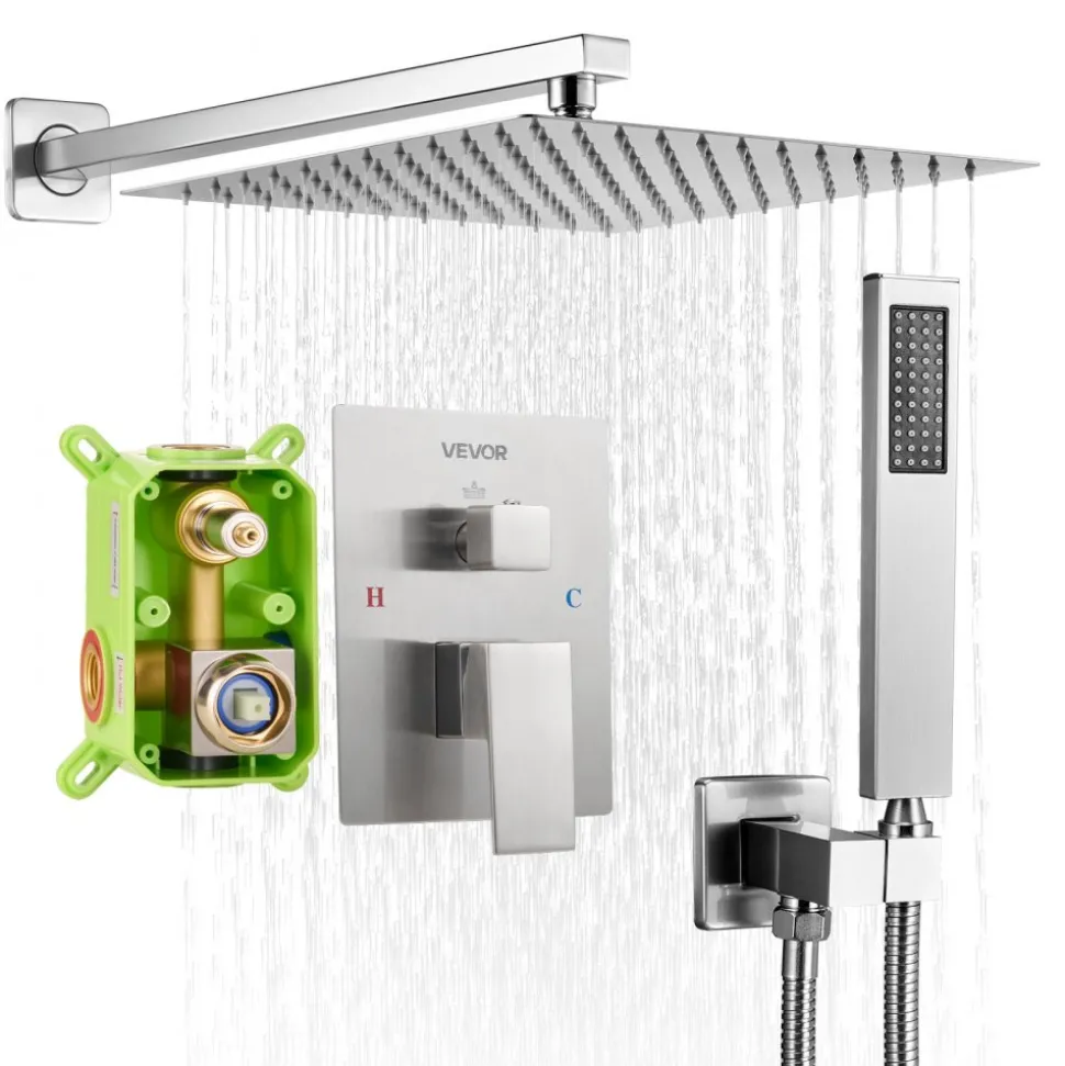 VEVOR Shower Faucet Set, Rainfall Bathroom Shower System with 10-Inch Square Rain Shower Head and Handheld Spray, Ceiling Mount Bath Fixtures with Brass Valve and Trim Kit, Matte Black