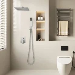 VEVOR Shower Faucet Set, Rainfall Bathroom Shower System with 10-Inch Square Rain Shower Head and Handheld Spray, Ceiling Mount Bath Fixtures with Brass Valve and Trim Kit, Matte Black